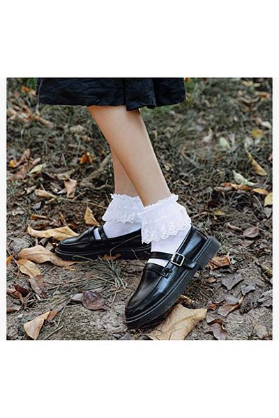 Generic Girls Ankle Length Socks, 100% Cotton Ruffle Lace Double Layer Socks, Socks (3 Pairs - White)