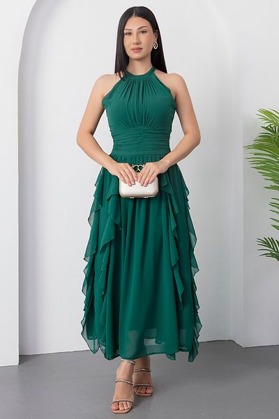 PULLIMM Halter Neckline Ruffle Chiffon Dress Els8561