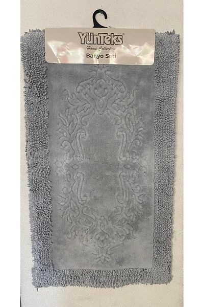 YÜNTEKS Cotton Pasta Tufting 2-Piece Toilet Seat Set, Bathroom Set, Bathroom Mat Set, Damask, Gray