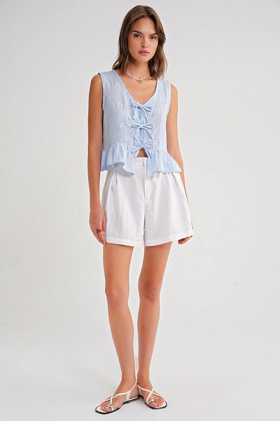 Mixray 4724 Women's Floral Patterned Tie-Up Muslin Blouse Baby Blue