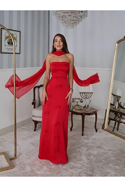 conconmoda Nova Saten Şal Detay Uzun Elbise