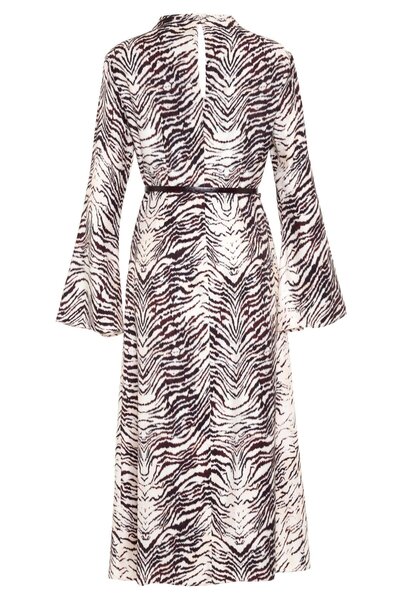 Setre Екрю-бордо с колан в талията, дълги ръкави и детайли, рокля с дължина до коляното