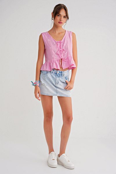 Mixray 4724 Women's Floral Patterned Tie-Up Muslin Blouse Pink