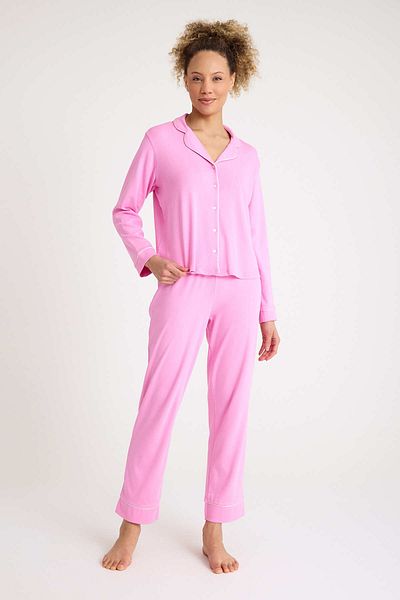 Dennis Denise Cotton Pink White Piping Buttoned Women's Pajama Set