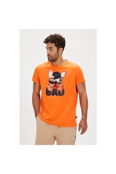 Bad Bear تي شيرت رجالي مطبوع باللون البرتقالي اللامع