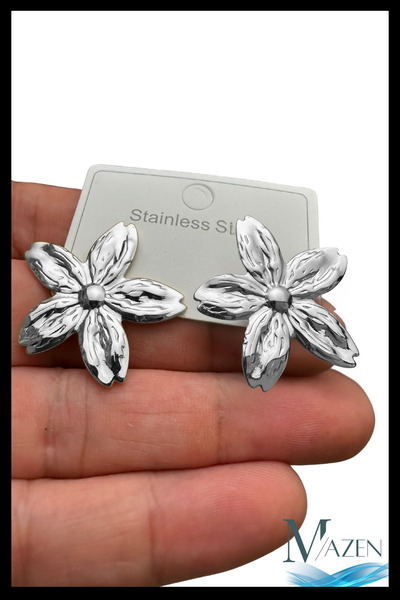 MAZEN Flower Textured Earrings |   316L Stainless Steel |   Women's Jewelry Accessory (3.5 cm) Silver Color