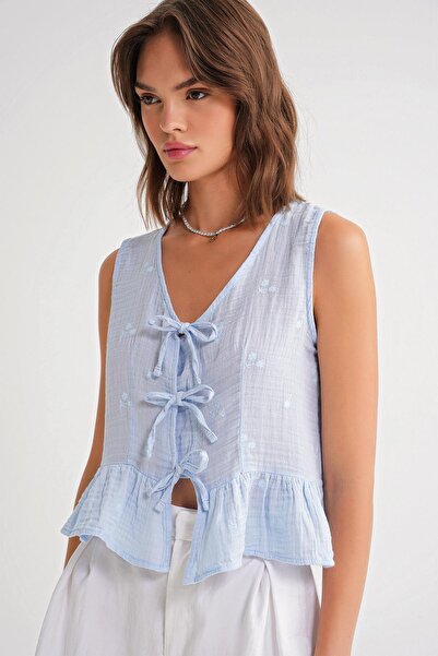 Mixray 4724 Γυναικεία μπλούζα μουσελίνας με λουλουδάτο σχέδιο με δέσιμο μπλε