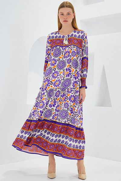 Merterium Women's Patterned Long Dress Purple Tile 1147