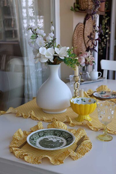 vintagetasarım Supla Round American Service Yellow Floral Ruffled Vintage 2 Pieces Duck Linen 34X34Cm