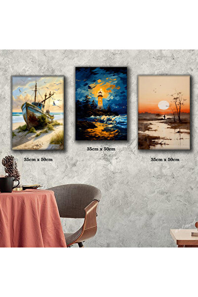 gün batımı kıyı tekne gece deniz feneri tablosu 3 adet 35cmx50cm kumaş baskılı canvas tablo