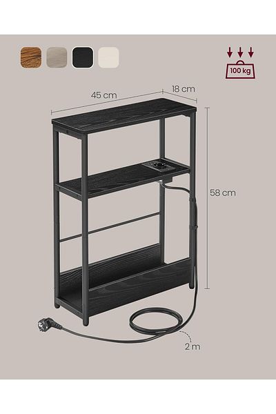 VASAGLE Narrow table with socket and USB charging ports, 3 shelves, 45x18x58 cm, black