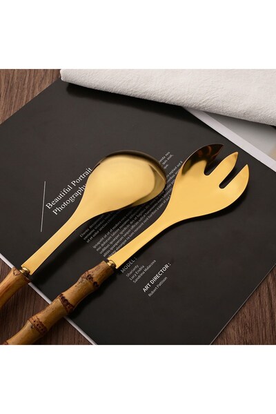 Kiesa Set of 2 Bamboo Handle Gold Salad Serving Spoons, Decorative Gold Salad Spoon Set