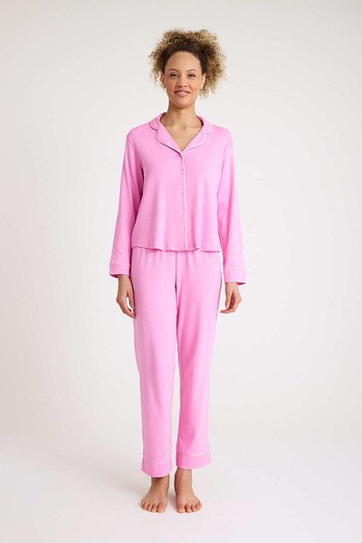 Dennis Denise Cotton Pink White Piping Buttoned Women's Pajama Set