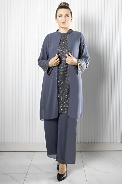 DENİMİNİ Σετ παντελόνι μπλούζας βραδινό φόρεμα Hijab με κέντημα από πέτρα από σιφόν DNM962