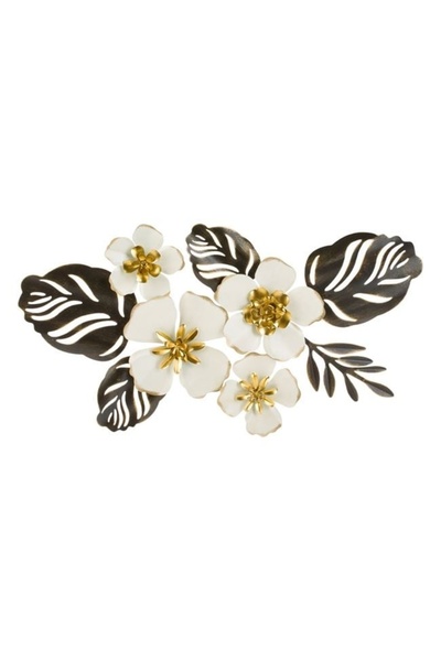 divendi-ro Wall decoration with perforated flowers and leaves, metal, 65x36x3.5 cm, cream/gold/brown