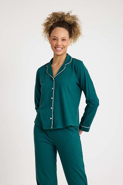 Dennis Denise Cotton Green White Piping Buttoned Women's Pajama Set