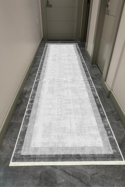 VOPTEKS Beyaz Gri Halı Yolluk Makinede Yıkanabilir Kaymaz Taban Halı