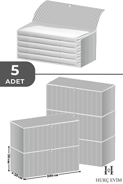 HURCEVİM 5 Adet Antrasit Çizgili Yorgan Hurcu - Ekstra Dayanıklı Hurç - Organizer - 100 x 50 x 50 cm