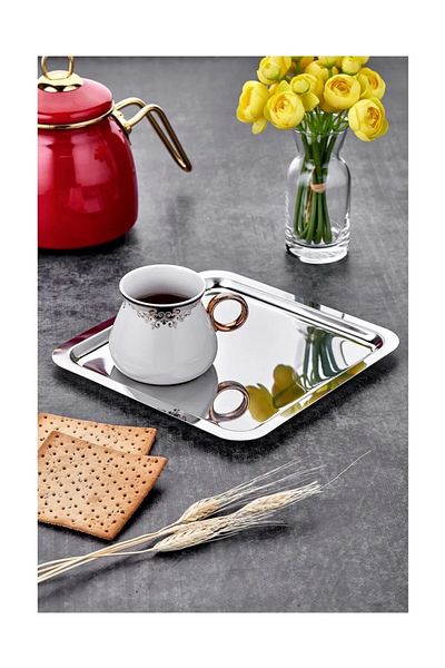 Demir Çeyiz Dmr Life 6-Piece Luxury Square Stainless Steel Silver Color 24X24Cm Coffee Serving Presentation
