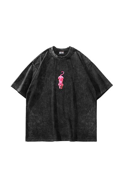 Sekizbiraltı Pink Panther Printed Oversize Unisex Washable Black Tshirt