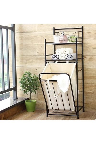 divendi-ro Laundry basket 7 l and shelf organizer for bathroom with 2 wheels, metal, 38 x 35.5 x 105 cm, black