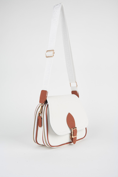 Vivaq Women's Clover White Tan 4 Pocket Flap Zipper and Snap Closure Arm and Shoulder Bag