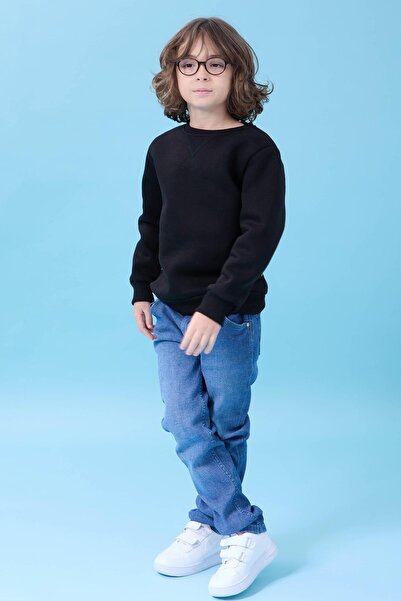 Perendi Unisex Basic Bisiklet Yaka Şardonlu Kışlık Sweatshirt - Siyah