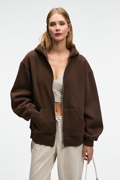 GRIMELANGE Valenya Women's Oversize Hooded Balloon Sleeve Metal Zipper Brown Sweatshirt