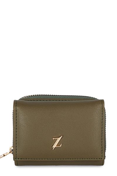 Zühre Khaki Mini Wallet with Snap Fastener and Zipper Detail Zc026