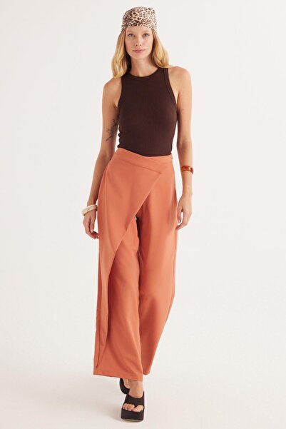 Tudors Kadın Standart Fit Geniş Paça Kiremit Double Pantolon