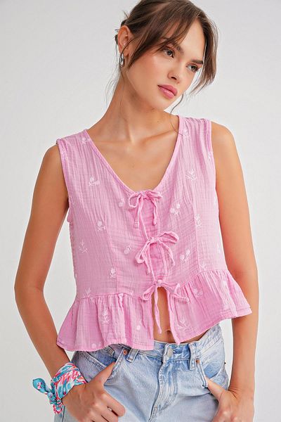 Mixray 4724 Women's Floral Patterned Tie-Up Muslin Blouse Pink