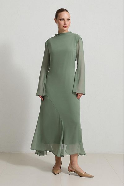 Setre Nile Green Full Fit Casual Cut Neck and Hem Detailed Dress