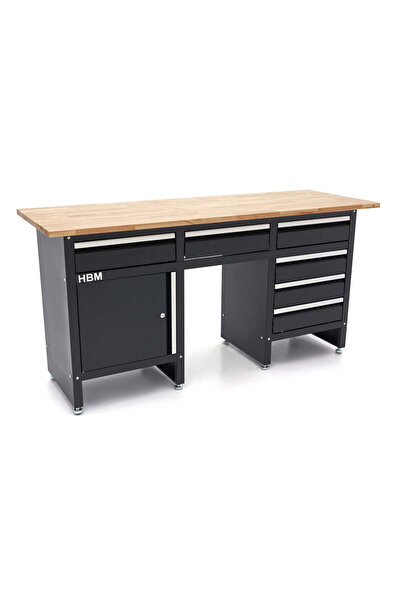 HBM Machines BLACK WORKBENCH WITH 6 DRAWERS, 1 DOOR AND SOLID WOOD TOP – 171 CM, HBM MACHINES, PREMIUM, OLA…