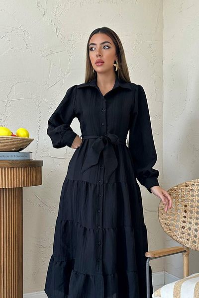 Castivo Fashion Layered Flounce Belted Shirt Collar Maxi Dress
