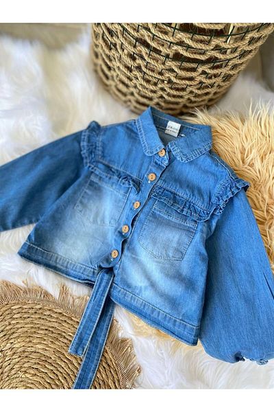 ERKUT KIDS Girls' Ruffle Detailed Denim Shirt Jacket – Long Sleeve, Button down