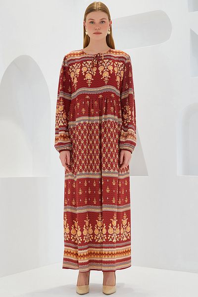 Merterium Women's Patterned Long Dress Tile Beige 1147