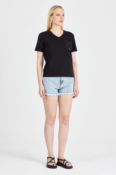 odelon Women's Sequined 100% Cotton Black T-Shirt