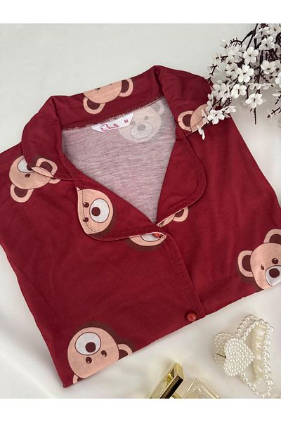 MH Moony Homewears 2-Piece Burgundy Teddy Bear Pajama Set