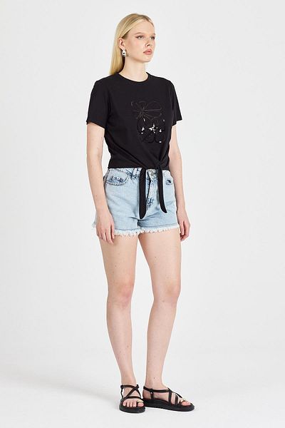 odelon Women's Black T-Shirt with Tie Detail