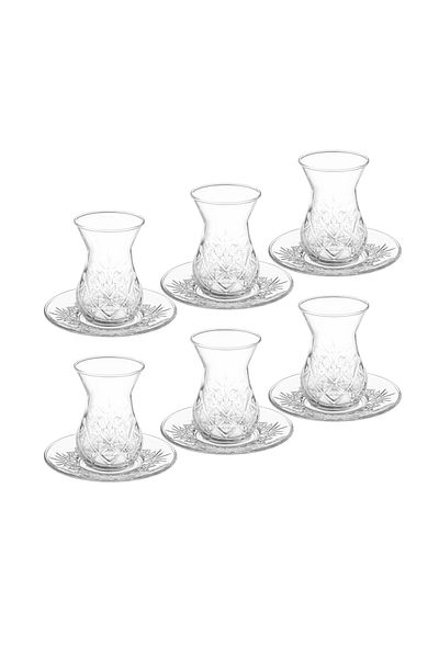 Paşabahçe Pasabahce Beautifully Designed Turkish Glass Tea Set Consisting of 6 Tea Cups + 6 Tea Saucers
