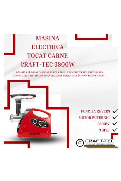 Craft-Tec Professional Electric Mincer 3800W, 3 Screens, 2KG/min, Meat, Tomato and Sausage Accessories