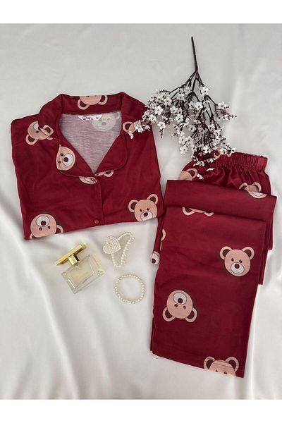 MH Moony Homewears 2-Piece Burgundy Teddy Bear Pajama Set