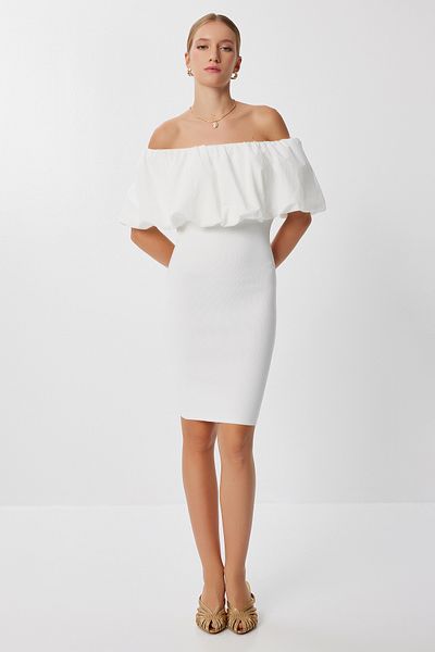 Lovelyİstanbul Carmen Collar Ribbed Knitwear Mini Dress Lns0078 Ecru