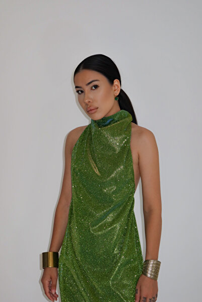 Gülşah Evecen Simli Boğazlı degaje mavi boy elbise