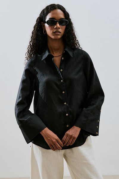 Manuka Linen Shirt with Wide Cuffs Black