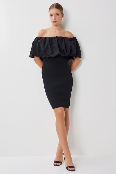 Lovelyİstanbul Carmen Collar Ribbed Knitwear Mini Dress Lns0078 Black
