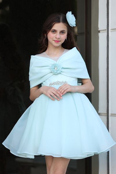 MİSS RAİN Off-Shoulder Bow and Stone Pleated Satin Girl's Evening Dress - Accessory Gift