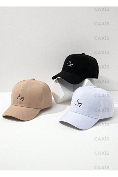 caxis 3 Piece Set Heart Printed Hat Velcro Adjustable Cap // Black - White - Dark Beige