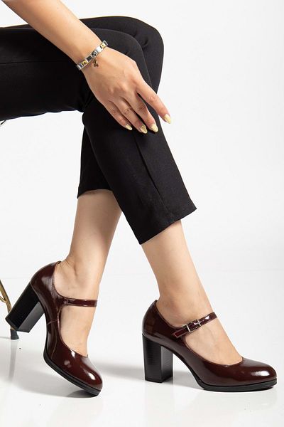 ANALİN SHOES Women's Genuine Leather Strappy Heeled Shoes - Burgundy Patent Leather