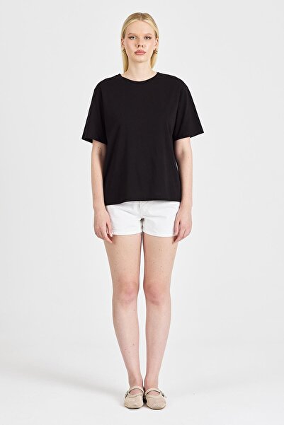 odelon Women's Back Detailed 100% Cotton Black T-Shirt